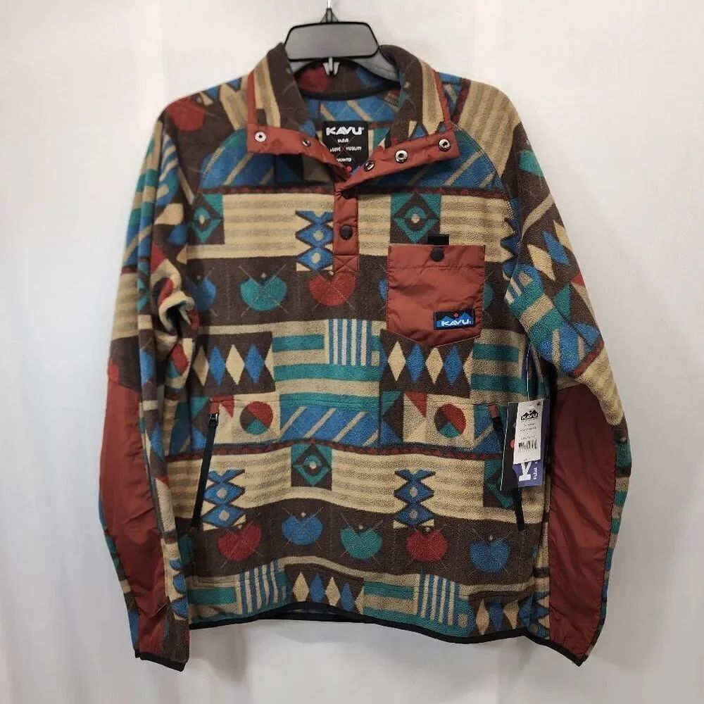 KAVU Teannaway Fleece Pullover Mixed Assembly Aztec Print Brown XS NWT